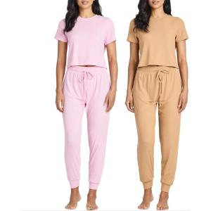 Real Essentials 2 Pack: Women’s Ribbed Knit Lounge Sets – Short Sleeve Top with Jogger Sweatpants(With Jogger Set 3)