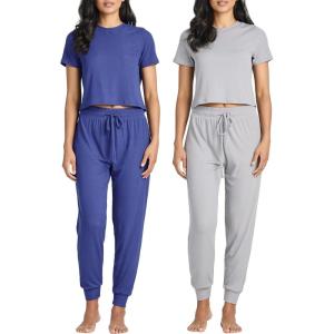 Real Essentials 2 Pack: Women’s Ribbed Knit Lounge Sets – Short Sleeve Top with Jogger Sweatpants(With Jogger Set 4)