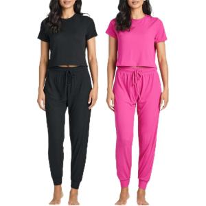Real Essentials 2 Pack: Women’s Ribbed Knit Lounge Sets – Short Sleeve Top with Jogger Sweatpants(With Jogger Set 5)