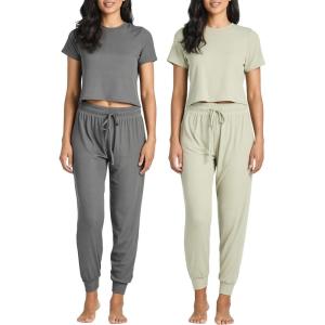 Real Essentials 2 Pack: Women’s Ribbed Knit Lounge Sets – Short Sleeve Top with Jogger Sweatpants(With Jogger Set 6)