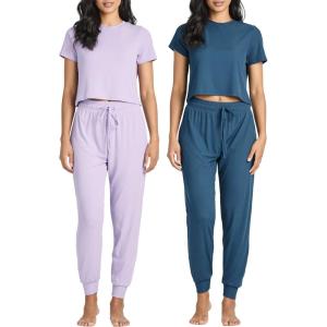 Real Essentials 2 Pack: Women’s Ribbed Knit Lounge Sets – Short Sleeve Top with Jogger Sweatpants(With Jogger Set 7)
