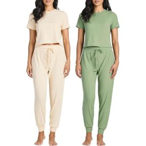 Real Essentials 2 Pack: Women’s Ribbed Knit Lounge Sets – Short Sleeve Top with Jogger Sweatpants(With Jogger Set 8)