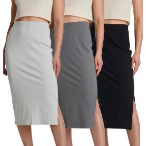 Real Essentials 3 Pack: Women’s Midi Ribbed Knit Skirt with Side Slit – Stretchy Work Business Casual Pencil Pull-On Skirts(Set 1)