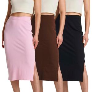 Real Essentials 3 Pack: Women’s Midi Ribbed Knit Skirt with Side Slit – Stretchy Work Business Casual Pencil Pull-On Skirts(Set 2)