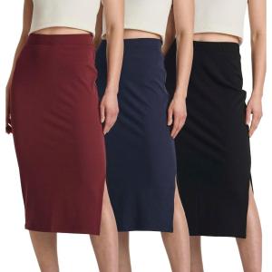 Real Essentials 3 Pack: Women’s Midi Ribbed Knit Skirt with Side Slit – Stretchy Work Business Casual Pencil Pull-On Skirts(Set 3)
