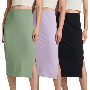 Real Essentials 3 Pack: Women’s Midi Ribbed Knit Skirt with Side Slit – Stretchy Work Business Casual Pencil Pull-On Skirts(Set 5)