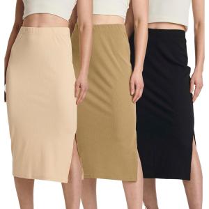 Real Essentials 3 Pack: Women’s Midi Ribbed Knit Skirt with Side Slit – Stretchy Work Business Casual Pencil Pull-On Skirts(Set 6)