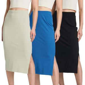 Real Essentials 3 Pack: Women’s Midi Ribbed Knit Skirt with Side Slit – Stretchy Work Business Casual Pencil Pull-On Skirts(Set 7)