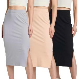 Real Essentials 3 Pack: Women’s Midi Ribbed Knit Skirt with Side Slit – Stretchy Work Business Casual Pencil Pull-On Skirts(Set 8)