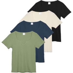 Real Essentials 4 Pack: Women’s Soft Ribbed Knit Split Neck T-Shirt – Casual Office Summer Top (Available in Plus)(Set 1)