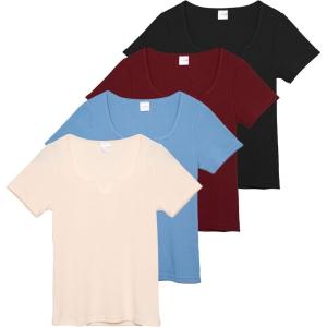 Real Essentials 4 Pack: Women’s Soft Ribbed Knit Split Neck T-Shirt – Casual Office Summer Top (Available in Plus)(Set 2)