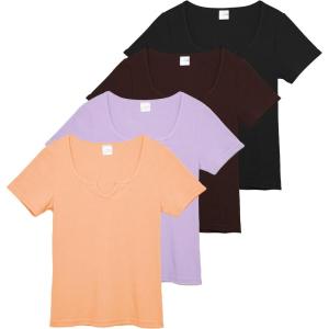 Real Essentials 4 Pack: Women’s Soft Ribbed Knit Split Neck T-Shirt – Casual Office Summer Top (Available in Plus)(Set 3)