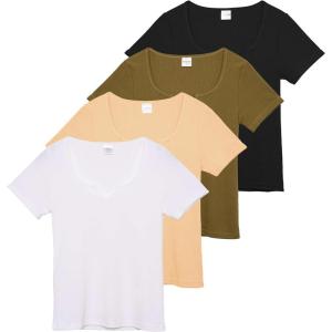 Real Essentials 4 Pack: Women’s Soft Ribbed Knit Split Neck T-Shirt – Casual Office Summer Top (Available in Plus)(Set 4)