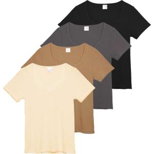 Real Essentials 4 Pack: Women’s Soft Ribbed Knit Split Neck T-Shirt – Casual Office Summer Top (Available in Plus)(Set 5)