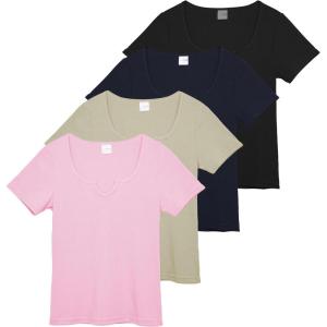 Real Essentials 4 Pack: Women’s Soft Ribbed Knit Split Neck T-Shirt – Casual Office Summer Top (Available in Plus)(Set 6)