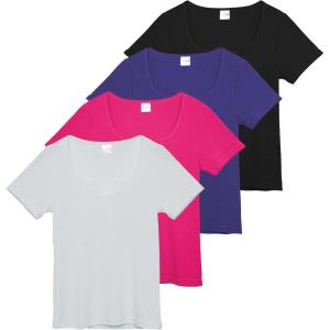 Real Essentials 4 Pack: Women’s Soft Ribbed Knit Split Neck T-Shirt – Casual Office Summer Top (Available in Plus)(Set 7)