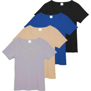 Real Essentials 4 Pack: Women’s Soft Ribbed Knit Split Neck T-Shirt – Casual Office Summer Top (Available in Plus)(Set 8)