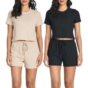 Real Essentials 2 Pack:Women’s Soft Ribbed Knit Crop Top & Short Matching Lounge Set – 4 Piece Summer Sweatsuit(Set 1)