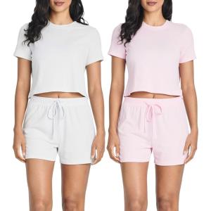 Real Essentials 2 Pack:Women’s Soft Ribbed Knit Crop Top & Short Matching Lounge Set – 4 Piece Summer Sweatsuit(Set 2)