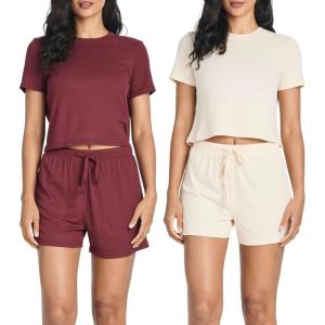 Real Essentials 2 Pack:Women’s Soft Ribbed Knit Crop Top & Short Matching Lounge Set – 4 Piece Summer Sweatsuit(Set 4)