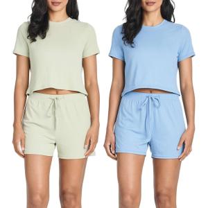 Real Essentials 2 Pack:Women’s Soft Ribbed Knit Crop Top & Short Matching Lounge Set – 4 Piece Summer Sweatsuit(Set 5)