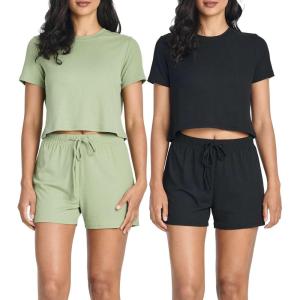 Real Essentials 2 Pack:Women’s Soft Ribbed Knit Crop Top & Short Matching Lounge Set – 4 Piece Summer Sweatsuit(Set 6)