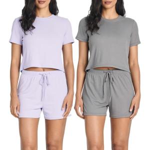 Real Essentials 2 Pack:Women’s Soft Ribbed Knit Crop Top & Short Matching Lounge Set – 4 Piece Summer Sweatsuit(Set 7)