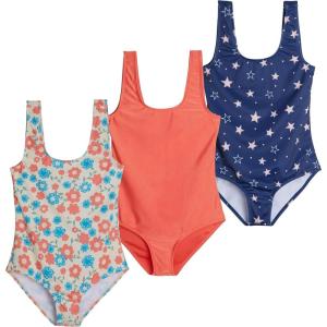 Real Essentials 3 Pack: Girl’s Surf UPF 50+ Printed One Piece Beach Swimsuit – Swimwear for Girls(Set 1)