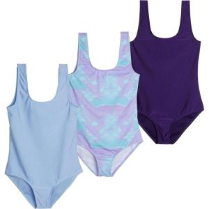 Real Essentials 3 Pack: Girl’s Surf UPF 50+ Printed One Piece Beach Swimsuit – Swimwear for Girls(Set 2)