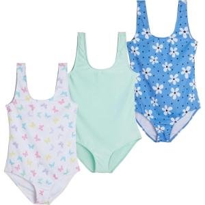 Real Essentials 3 Pack: Girl’s Surf UPF 50+ Printed One Piece Beach Swimsuit – Swimwear for Girls(Set 3)