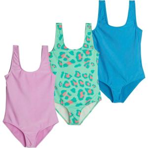 Real Essentials 3 Pack: Girl’s Surf UPF 50+ Printed One Piece Beach Swimsuit – Swimwear for Girls(Set 7)