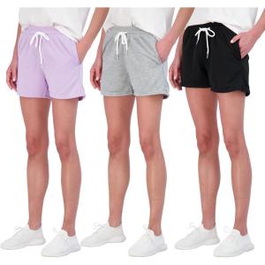 Real Essentials 3 Pack: Womens Cotton French Terry Shorts Pockets Ladies Summer Casual Running Yoga Lounge Walking Athletic Hiking Workout Active Pockets Drawstring Sweat Summer Gym- Set 6, Large