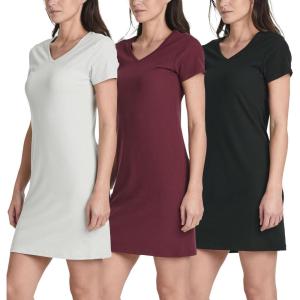 Real Essentials 3 Pack: Women’s Ribbed Knit Short-Sleeve V-Neck Swing T-Shirt Casual Dress (Available in Plus)(Set 6)