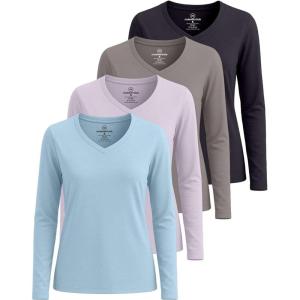 Real Essentials 4 Pack: Women’s Cotton Long Sleeve V-Neck T-Shirts – Soft Casual Lounge Tee Tops (Available in Plus)(Set 1)