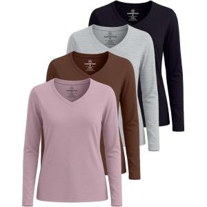 Real Essentials 4 Pack: Women’s Cotton Long Sleeve V-Neck T-Shirts – Soft Casual Lounge Tee Tops (Available in Plus)(Set 2)