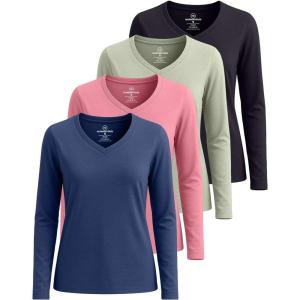 Real Essentials 4 Pack: Women’s Cotton Long Sleeve V-Neck T-Shirts – Soft Casual Lounge Tee Tops (Available in Plus)(Set 4)