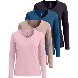 Real Essentials 4 Pack: Women’s Cotton Long Sleeve V-Neck T-Shirts – Soft Casual Lounge Tee Tops (Available in Plus)(Set 6)