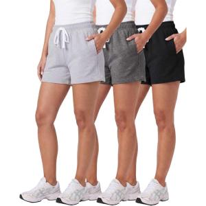 Real Essentials 3 Pack: Women’s Cotton French Terry Shorts Pockets – Casual Athletic Lounge (Available in Plus)(Set 9)