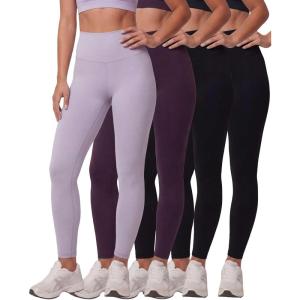 Real Essentials 3 Pack: Women’s Workout Athletic Leggings Yoga Pants Tummy Control High Waisted Running Gym Pilates Soft(Solid Black  Solid Black  Solid Plum Perfect  Solid Orchid Petal)