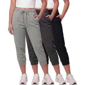Real Essentials 3 Pack: Women’s Fleece Capri Joggers Athletic Lounge Gym Running Sweatpants with Pockets (Available in Plus)(Solid Black  Charcoal Heather  Grey Heather)
