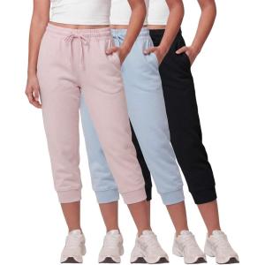 Real Essentials 3 Pack: Women’s Fleece Capri Joggers Athletic Lounge Gym Running Sweatpants with Pockets (Available in Plus)(Solid Black  Solid Ballad Blue  Solid Pale Lilac)