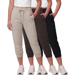 Real Essentials 3 Pack: Women’s Fleece Capri Joggers Athletic Lounge Gym Running Sweatpants with Pockets (Available in Plus)(Solid Black  Solid Chocolate Torte  Solid Moonbeam)