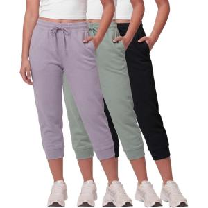 Real Essentials 3 Pack: Women’s Fleece Capri Joggers Athletic Lounge Gym Running Sweatpants with Pockets (Available in Plus)(Solid Black  Solid Iceberg Green  Solid Orchid Petal)