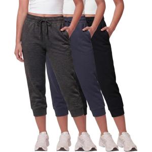 Real Essentials 3 Pack: Women’s Fleece Capri Joggers Athletic Lounge Gym Running Sweatpants with Pockets (Available in Plus)(Solid Black  Solid Navy Blazer  Charcoal Heather)