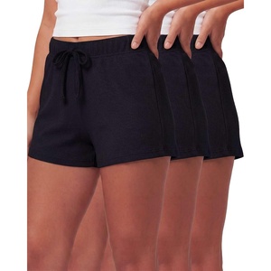 Real Essentials 3 Pack: Ladies Cotton Rib Lounge Shorts – Casual Elastic Waist Sleep & Loungewear Summer Shorts for Women(Solid Black  Solid Black  Solid Black  Solid Black)