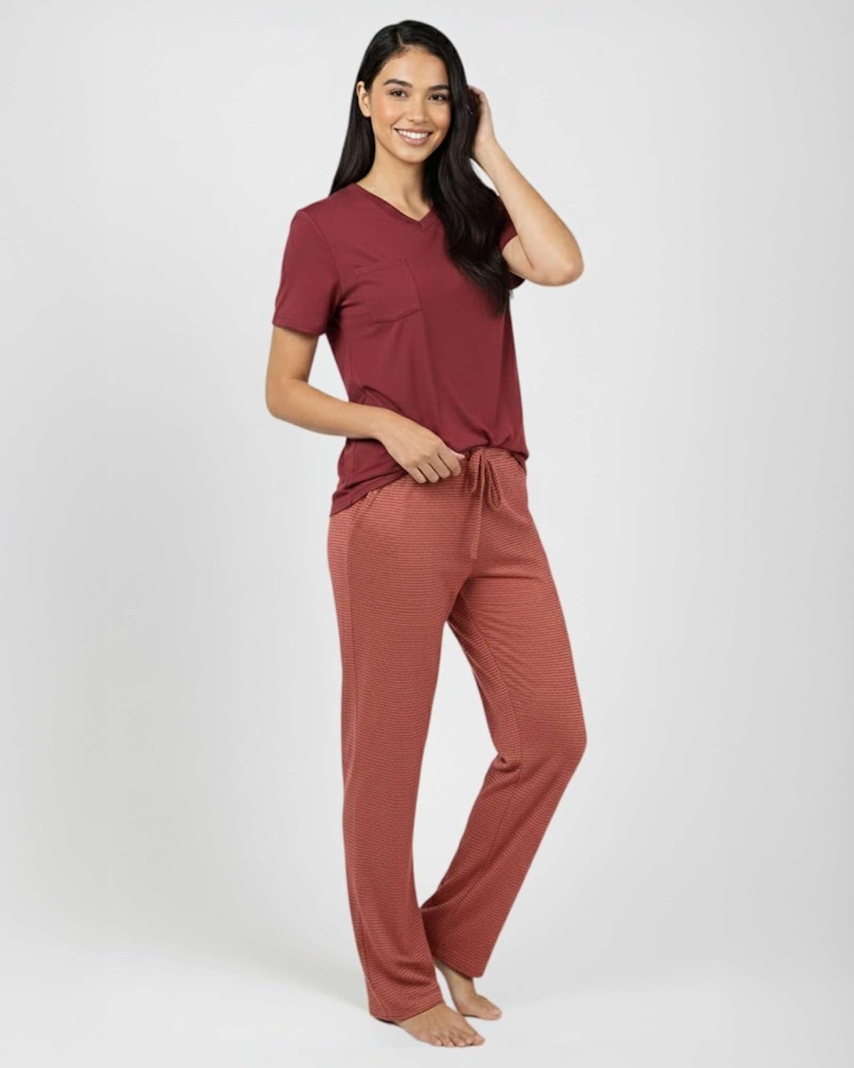 image:imageReal Essentials 2 Pack Womens Comfy Pajama Sets Short Sleeve Ladies Loungewear Sleepwear PJs Available In PlusSet a Charcoal Burgundy