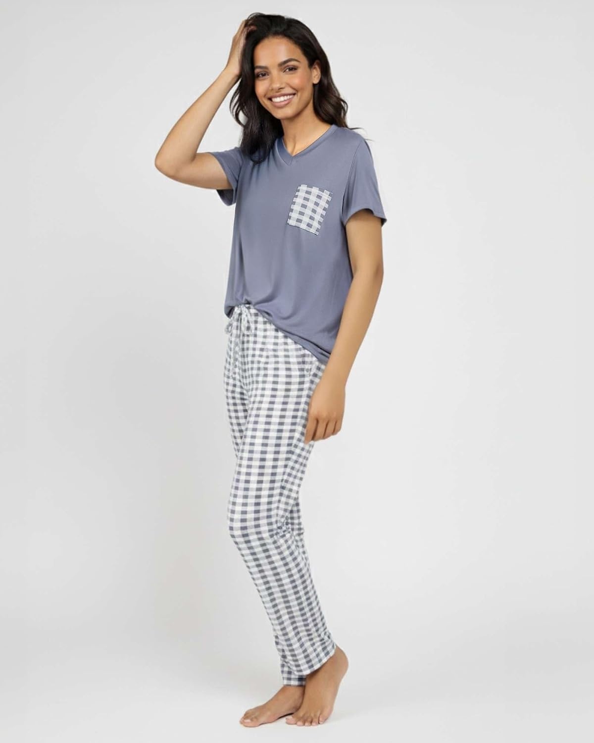 image:imageReal Essentials 2 Pack Womens Comfy Pajama Sets Short Sleeve Ladies Loungewear Sleepwear PJs Available In PlusSet a Charcoal Burgundy