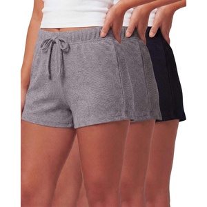 Real Essentials 3 Pack: Women’s Cotton Ribbed Lounge Shorts Sleep Casual Comfy Elastic Waist Drawstring Womens PJ Bottoms(Solid Black  Solid Quiet Shade  Grey Heather  Solid Bright White)