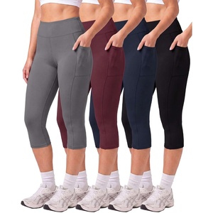 Real Essentials 4 Pack: Women’s Capri Leggings with Pockets Casual Yoga Workout Exercise Pants (Available in Plus Size)(Set 11)