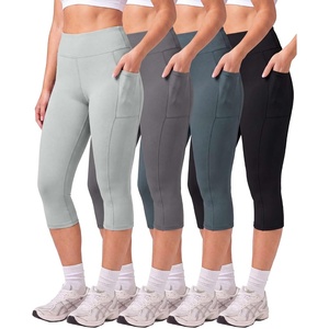 Real Essentials 4 Pack: Women’s Capri Leggings with Pockets Casual Yoga Workout Exercise Pants (Available in Plus Size)(Set 12)